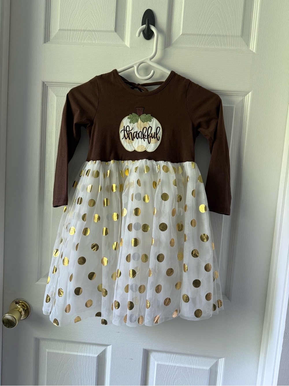 Girls Brown 'Thankful' Pumpkin Dress with Gold Polka Dot Tulle Skirt